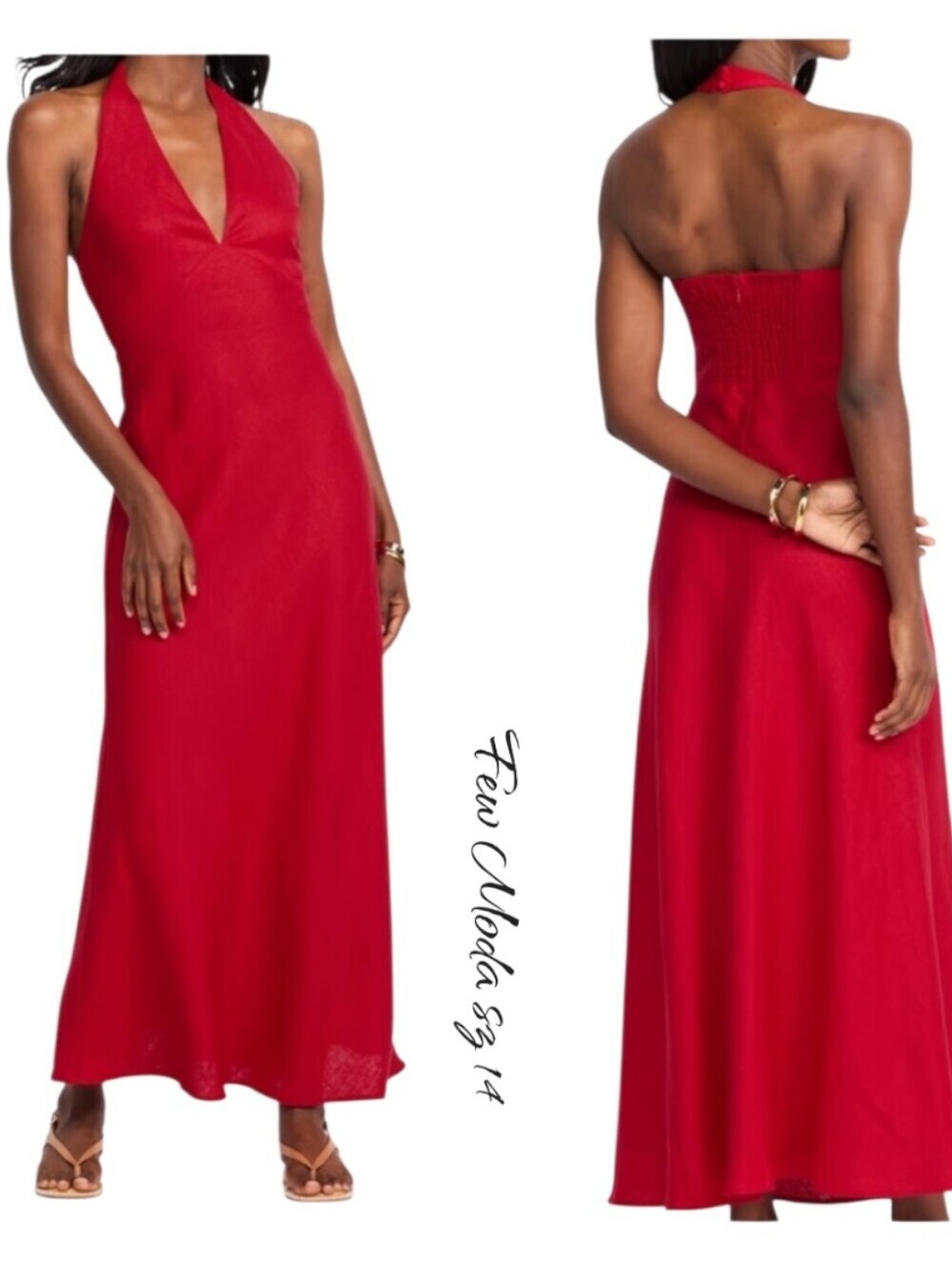 Few Moda Ashlyn Halter Linen Maxi Dress 14 Red Plunge V Neck Vacation
